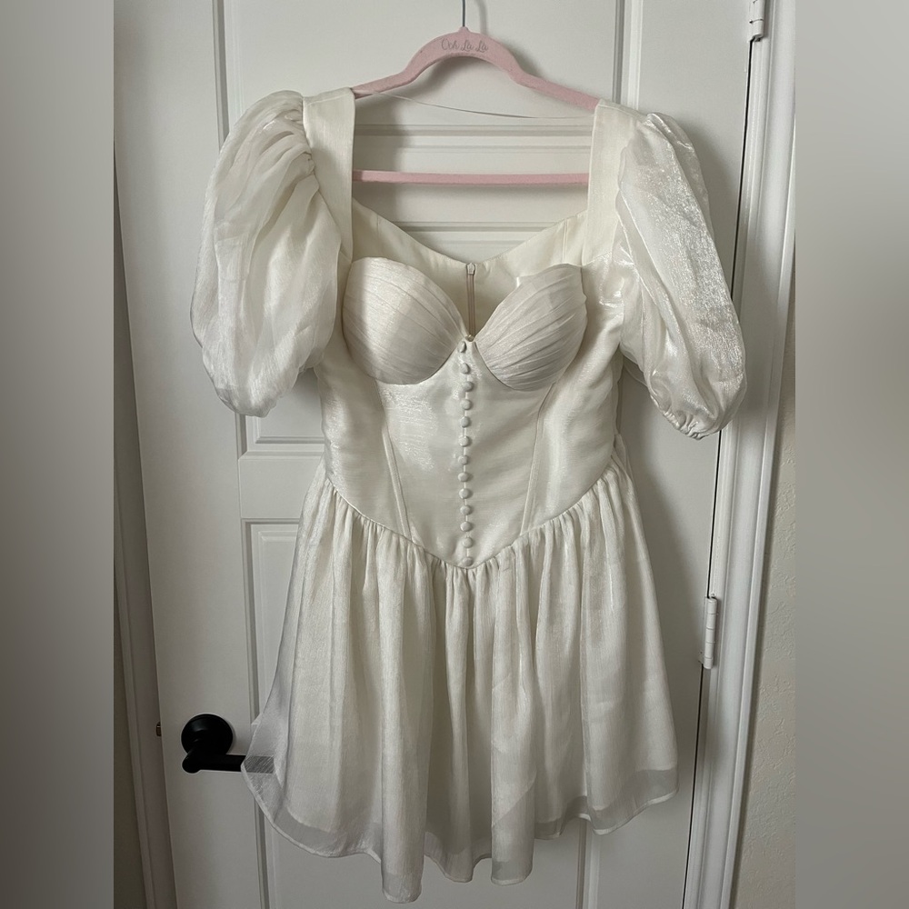Adeirlina Bridal White Mini Dress - XL ? - Puff Sleeves Corset Boning